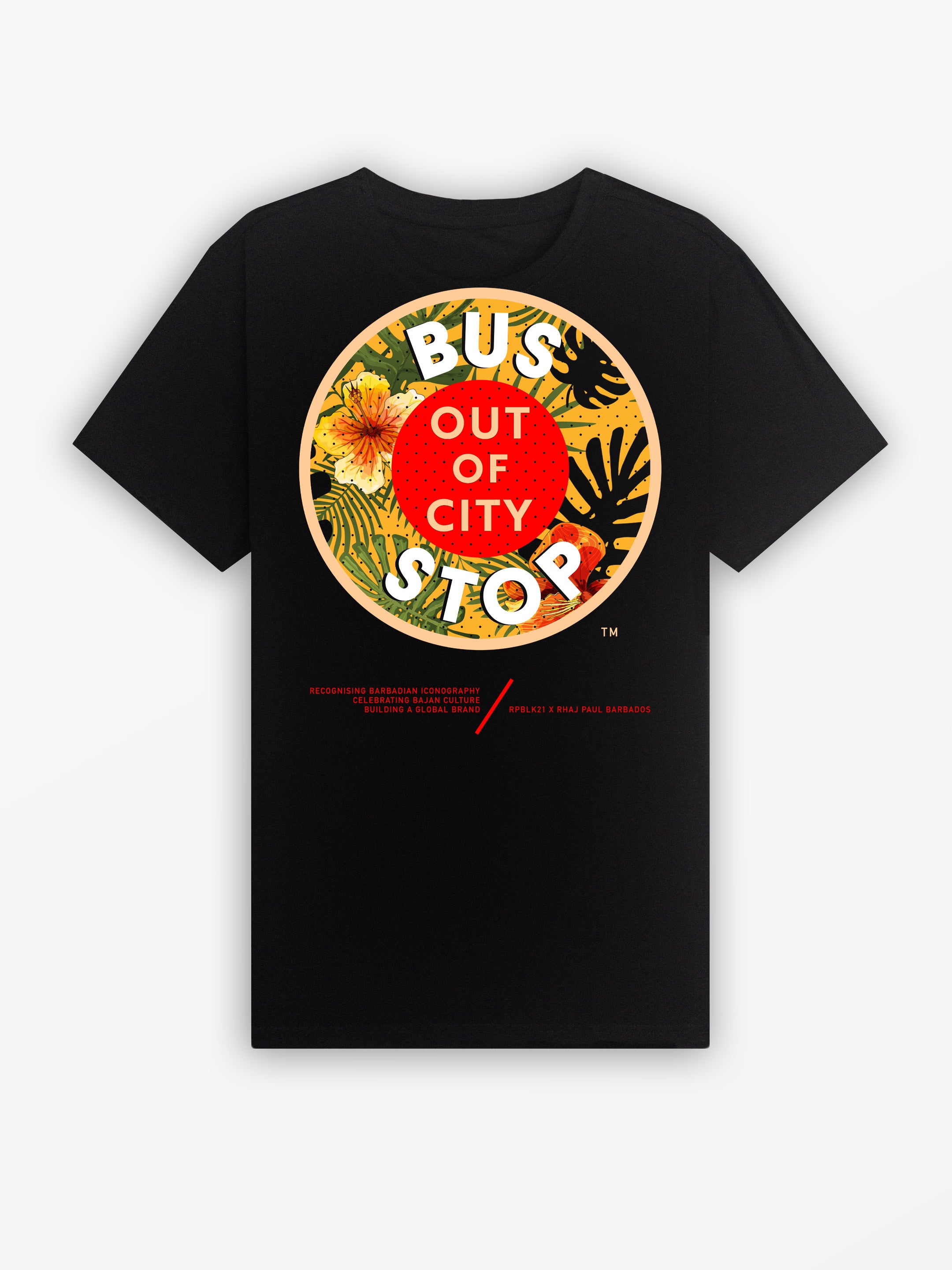 Bajan Bus Stop Tee | Black / Hibiscus