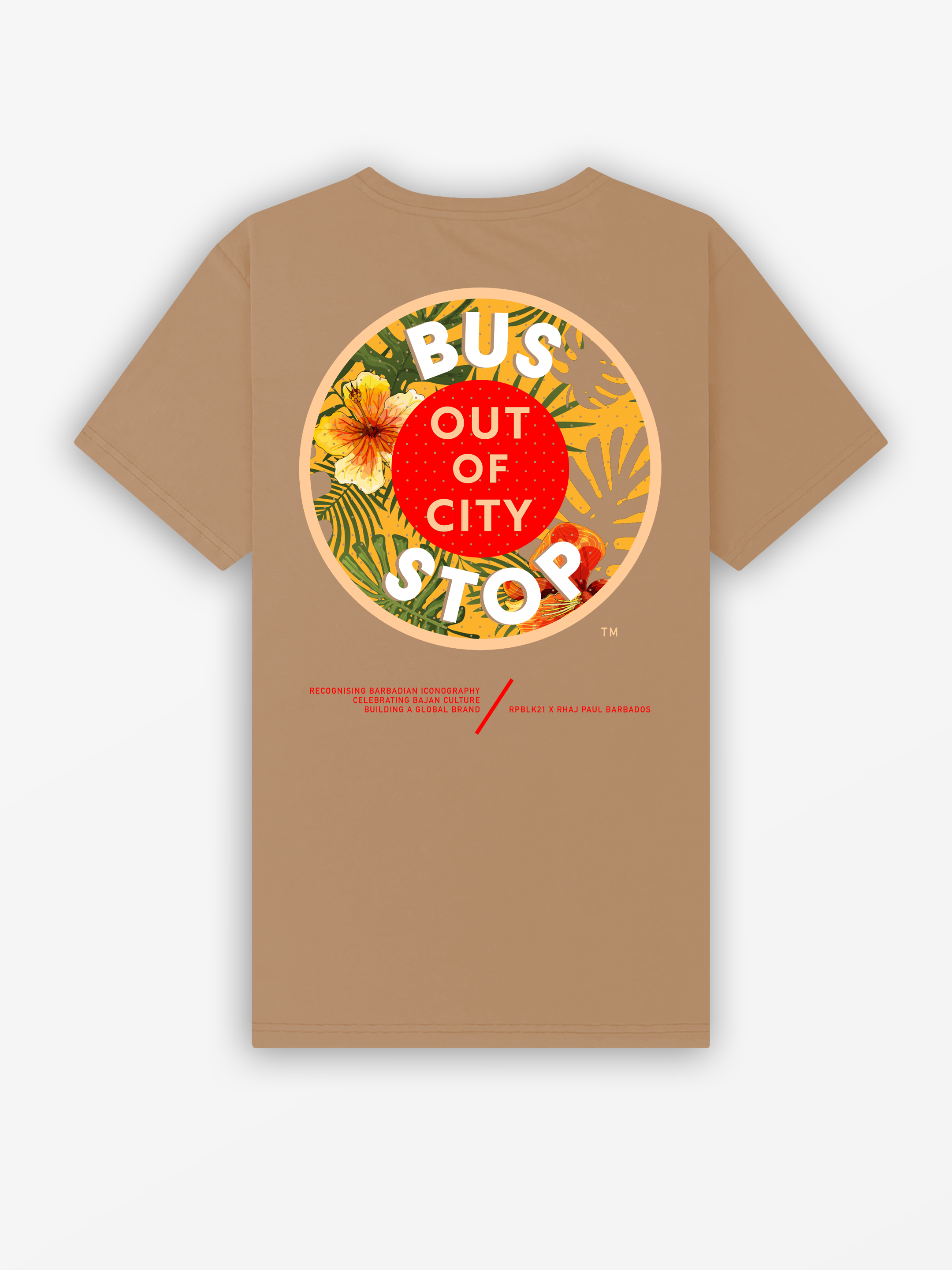 Bajan Bus Stop Tee | Camel / Hibiscus