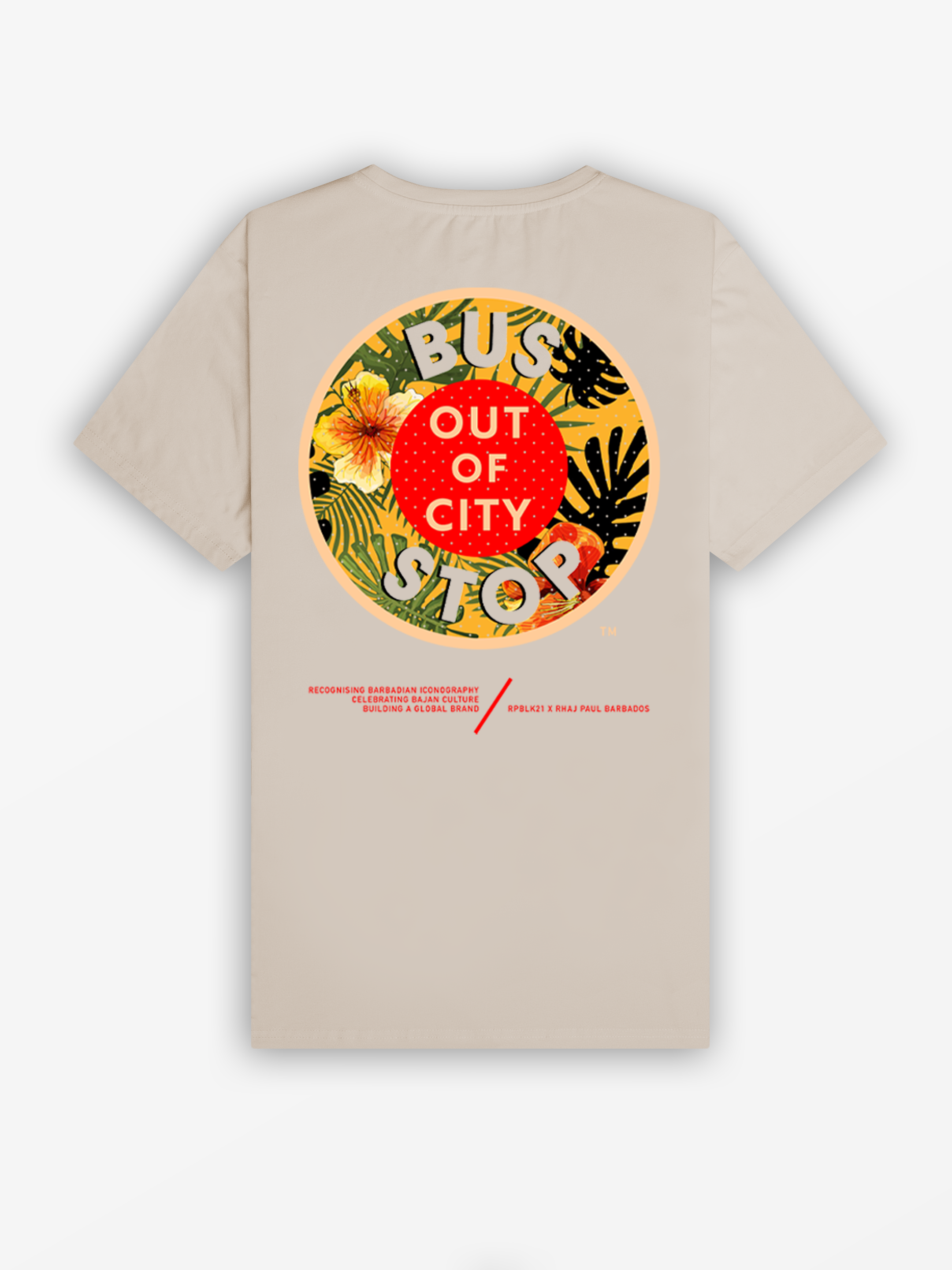Bajan Bus Stop Tee | Light Khaki / Hibiscus